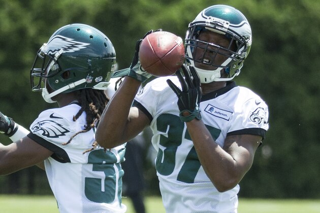 Philadelphia Eagles cornerback Jaylen Watkins (37) and cornerback JaCorey Shepherd (36) run drills during practice at NFL football training camp, Sunday, Aug. 2, 2015, in Philadelphia. (AP Photo/Chris Szagola)