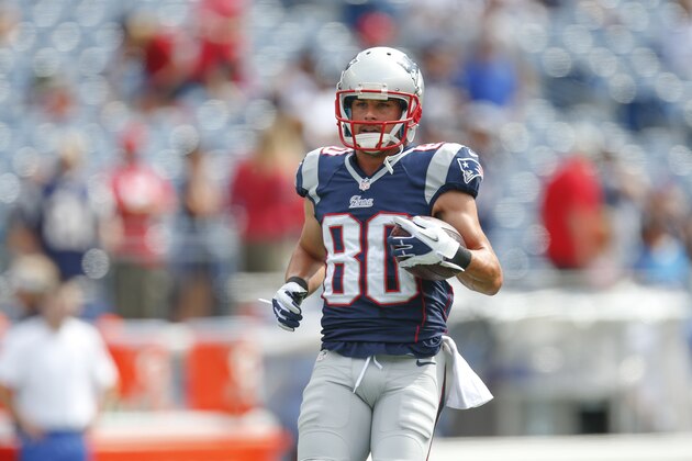 New England Patriots wide receiver Danny Amendola (80) runs with the ball as he warms up before an NFL game against the Oakland Raiders at Gillette Stadium in Foxborough, Mass. on Sunday, Sept. 21, 2014 . (Chris Keane/AP Images for Panini)