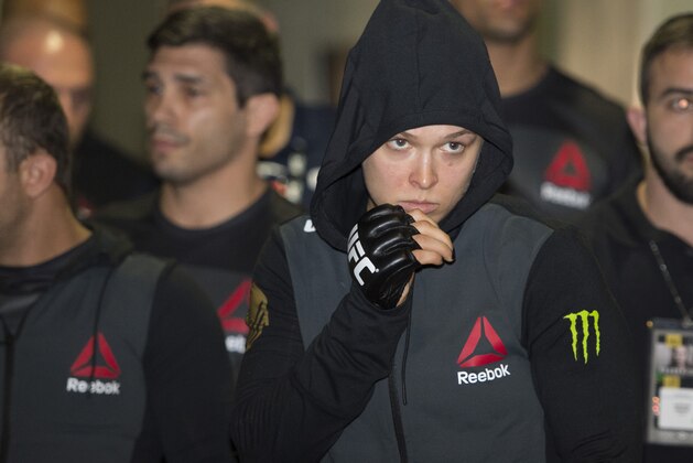 RIO DE JANEIRO, BRAZIL - AUGUST 01:  UFC women's bantamweight champion Ronda Rousey of the United States prepares to walk out into the arena to face Bethe Correia of Brazil during the UFC 190 event inside HSBC Arena on August 1, 2015 in Rio de Janeiro, Brazil.  (Photo by Mike Roach/Zuffa LLC/Zuffa LLC via Getty Images)