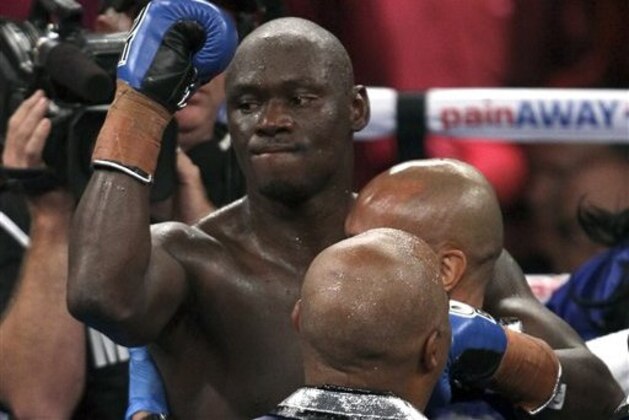 American Antonio Tarver puts his fist in the air as he wins the IBO cruiserweight boxing title defeating champion Danny Green of Australia at the Entertainment Center in Sydney, Australia, Wednesday, July 20, 2011. Tarver won the bout after Green's corner would not allow the fighter to start the 10th round. (AP Photo/Rob Griffith)