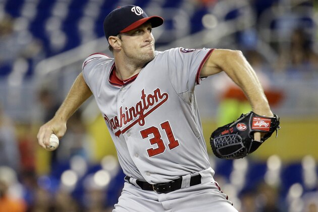 Washington Nationals starting pitcher Max Scherzer (31) throws in the first inning of a baseball game against the Miami Marlins, Thursday, July 30, 2015, in Miami.  (AP Photo/Lynne Sladky)