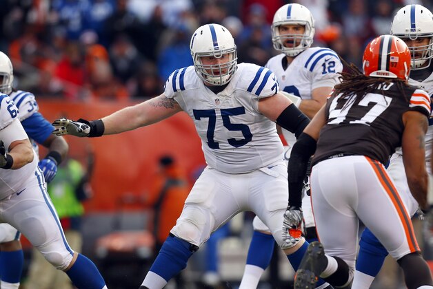 Indianapolis Colts guard Jack Mewhort (75) sets to block against the Cleveland Browns during an NFL football game on Sunday, Dec. 7, 2014, in Cleveland. The Colts won 25-24. (Jeff Haynes/AP Images for Panini)
