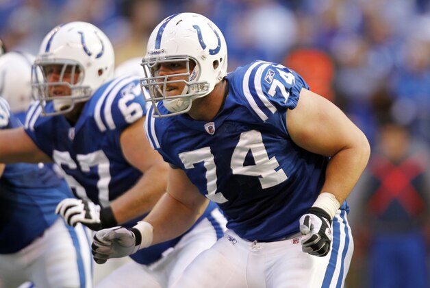 Indianapolis Colts' Anthony Castonzo (74) blocks during the first half of an NFL football game against the Atlanta Falcons Sunday, Nov. 6, 2011, in Indianapolis. (AP Photo/Michael Conroy)