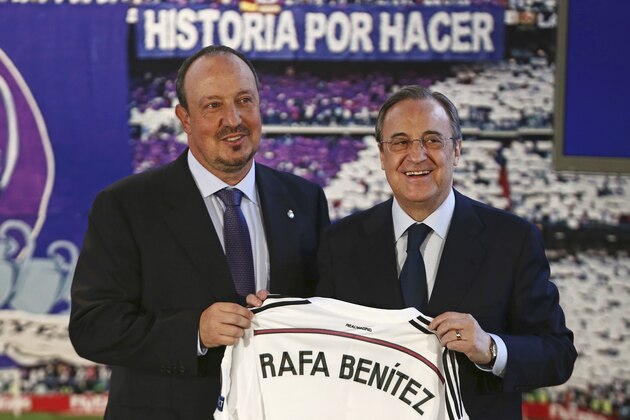 New Real Madrid coach Rafael Benitez, left, and Real Madrid's President Florentino Perez, right, pose for a picture during his official presentation at the Santiago Bernabeu stadium in Madrid, Spain, Wednesday, June 3, 2015, after signing for Real Madrid. (AP Photo/Andres Kudacki) New Real Madrid coach Rafael Benitez, left, and Real Madrid's President Florentino Perez, right, pose for a picture during his official presentation at the Santiago Bernabeu stadium in Madrid, Spain, Wednesday, June 3, 2015, after signing for Real Madrid. (AP Photo/Andres Kudacki)