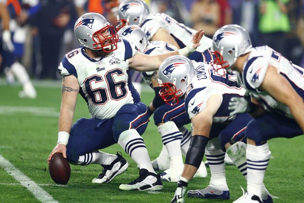 Feb 1, 2015; Glendale, AZ, USA; New England Patriots center Bryan Stork (66) reacts against the Seattle Seahawks in Super Bowl XLIX at University of Phoenix Stadium. Mandatory Credit: Mark J. Rebilas-USA TODAY Sports