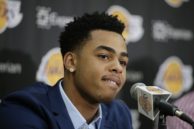 Los Angeles Lakers draft pick D'Angelo Russell listens during a news conference, Monday, June 29, 2015, in El Segundo, Calif.  (AP Photo/Jae C. Hong)