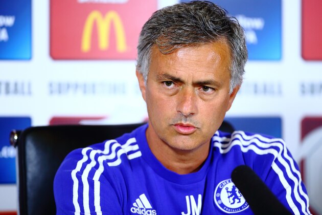 COBHAM, ENGLAND - JULY 31:  Jose Mourinho talks during a press conference at Chelsea Training Ground on July 31, 2015 in Cobham, England.  (Photo by Jordan Mansfield/Getty Images)