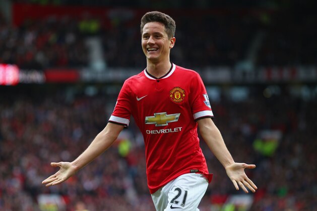 MANCHESTER, ENGLAND - MAY 17:  Ander Herrera of Manchester United celebrates as he scores their first goal during the Barclays Premier League match between Manchester United and Arsenal at Old Trafford on May 17, 2015 in Manchester, England.  (Photo by Clive Rose/Getty Images)