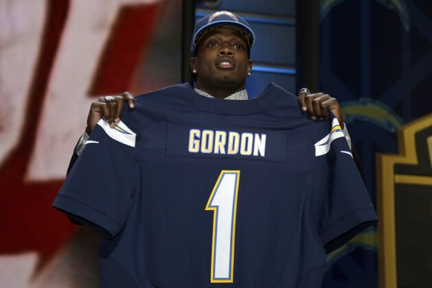 Melvin Gordon stands on stage after being drafted 15th by the San Diego Chargers in the first round of the 2015 NFL Draft, Thursday, April 30, 2015, in Chicago.  (Jeff Haynes/AP Images for Panini)