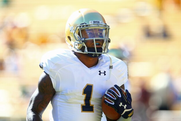 Nov 8, 2014; Tempe, AZ, USA; Notre Dame Fighting Irish running back Greg Bryant (1) against the Arizona State Sun Devils at Sun Devil Stadium. Arizona State defeated Notre Dame 55-31. Mandatory Credit: Mark J. Rebilas-USA TODAY Sports