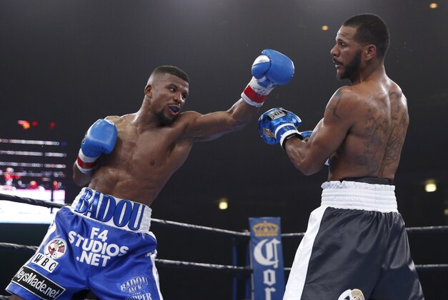 Apr 24, 2015; Chicago, IL, USA; Anthony Dirrell (right) and Badou Jack (left) fight during the Premier Boxing Championships at UIC Pavilion. Mandatory Credit: Kamil Krzaczynski-USA TODAY Sports