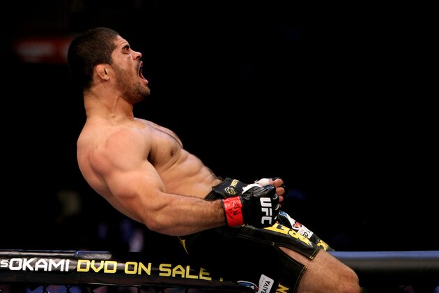 RIO DE JANEIRO, BRAZIL - JANUARY 14:  Rousimar Palhares celebrates after defeating Mike Massenzio in a middleweight bout during UFC 142 at HSBC Arena on January 14, 2012 in Rio de Janeiro, Brazil.  (Photo by Josh Hedges/Zuffa LLC/Zuffa LLC via Getty Images)