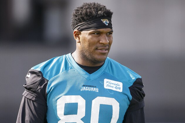 JACKSONVILLE, FL - MAY 27: Tight end Julius Thomas #80 of the Jacksonville Jaguars works out during OTA's at Everbank Field Stadium at the Florida Blue Health and Wellness Practice Fields on May 27, 2015 in Jacksonville, Florida. (Photo by Don Juan Moore/Getty Images)
