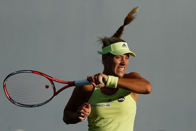 STANFORD, CA - AUGUST 4: Angelique Kerber of Germany plays against Daria Gavrilova of Russia during day two of the Bank of the West Classic at the Stanford University Taube Family Tennis Stadium on August 4, 2015 in Stanford, California. (Photo by Lachlan Cunningham/Getty Images)