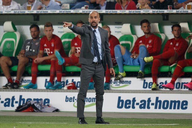 WOLFSBURG, GERMANY - AUGUST 01:  Head coach Josep Guardiola of FC Bayern Muenchen reacts during the DFL Supercup 2015 match between VfL Wolfsburg and FC Bayern Muenchen at Volkswagen Arena on August 1, 2015 in Wolfsburg, Germany.  (Photo by Boris Streubel/Getty Images)
