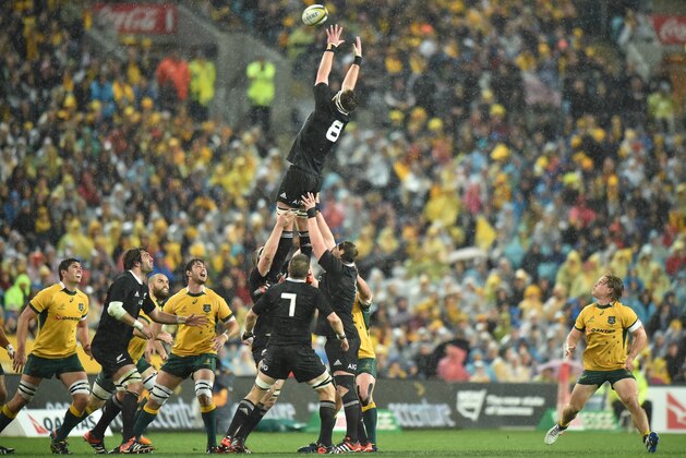 New Zealand All Blacks number 8 Keiran Read (C-top) catches a line-out ball in their rugby union Test Match against the Australian Wallabies in Sydney on August 16, 2014. AFP PHOTO/Peter PARKS       --IMAGE RESTRICTED TO EDITORIAL USE - STRICTLY NO COMMERCIAL USE--        (Photo credit should read PETER PARKS/AFP/Getty Images)