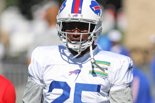 Buffalo Bills running back LeSean McCoy (25) walks to the field during their NFL football training camp in Pittsford, N.Y., Friday, July 31, 2015. (AP Photo/Bill Wippert)