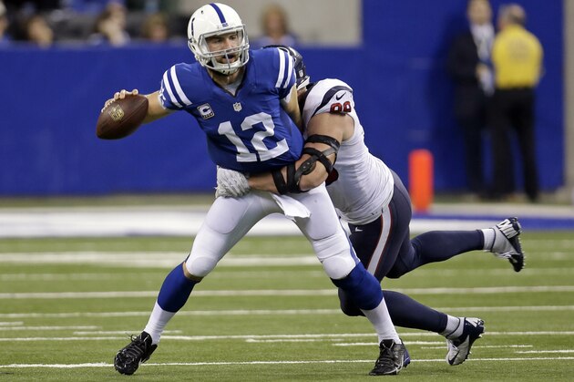 Houston Texans defensive end J.J. Watt, right, sacks Indianapolis Colts quarterback Andrew Luck during the first half of an NFL football game in Indianapolis, Sunday, Dec. 14, 2014. (AP Photo/AJ Mast)