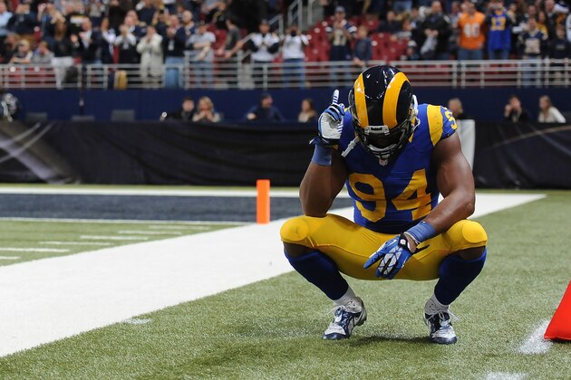 St. Louis Rams defensive end Robert Quinn pauses after sacking Tampa Bay Buccaneers quarterback Mike Glennon in the final minue during the fourth quarter of an NFL football game Sunday, Dec. 22, 2013, in St. Louis. (AP Photo/L.G. Patterson) St. Louis Rams defensive end Robert Quinn pauses after sacking Tampa Bay Buccaneers quarterback Mike Glennon in the final minue during the fourth quarter of an NFL football game Sunday, Dec. 22, 2013, in St. Louis. (AP Photo/L.G. Patterson)
