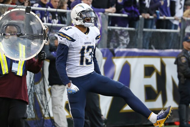San Diego Chargers wide receiver Keenan Allen celebrates his touchdown in the second half of an NFL football game against the Baltimore Ravens, Sunday, Nov. 30, 2014, in Baltimore. San Diego won 34-33. (AP Photo/Alex Brandon)