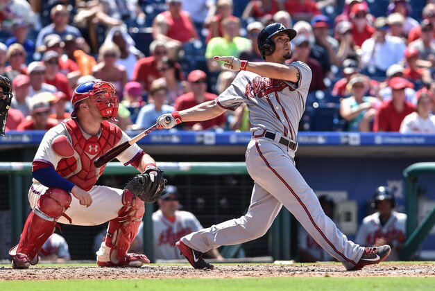 Aug 2, 2015; Philadelphia, PA, USA; Atlanta Braves second baseman Jace Peterson (8) hits a three run homer to right field during the fifth inning of the game against the Philadelphia Phillies at Citizens Bank Park. Mandatory Credit: John Geliebter-USA TODAY Sports