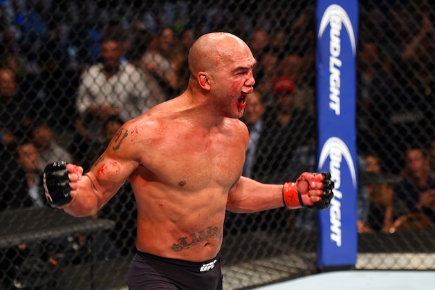 LAS VEGAS, NV - JULY 11:  Robbie Lawler reacts to his victory over Rory MacDonald in their UFC welterweight title fight during the UFC 189 event inside MGM Grand Garden Arena on July 11, 2015 in Las Vegas, Nevada.  (Photo by Josh Hedges/Zuffa LLC/Zuffa LLC via Getty Images)