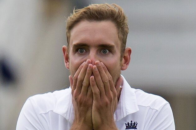 England's Stuart Broad reacts after a catch by teammate Ben Stokes dismissed Australia's Adam Voges for 1 on the first day of the fourth Ashes test cricket match between England and Australia at Trent Bridge cricket ground in Nottingham, England, Thursday, Aug. 6, 2015. (AP Photo/Jon Super)