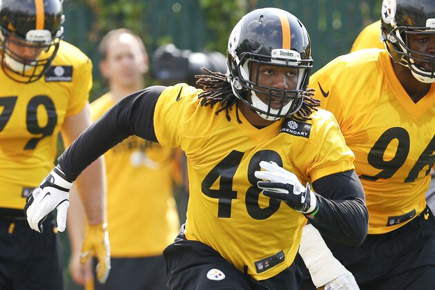 Pittsburgh Steelers linebacker Bud Dupree (48) goes through drills during an NFL football organized team activity, Thursday, May 28, 2015, in Pittsburgh. (AP Photo/Keith Srakocic)