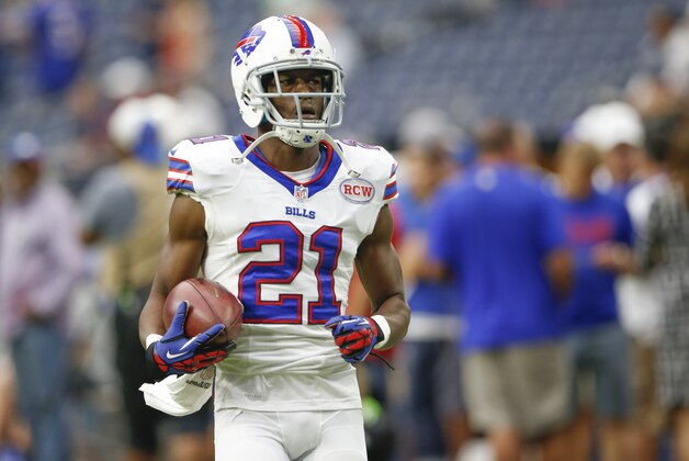 Sep 28, 2014; Houston, TX, USA; Buffalo Bills cornerback Leodis McKelvin (21) warms up before the game against the Houston Texans at NRG Stadium. Mandatory Credit: Kevin Jairaj-USA TODAY Sports