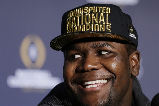 Ohio State's Cardale Jones reacts to a question during a news conference after the NCAA college football playoff championship game Tuesday, Jan. 13, 2015, in Dallas. Ohio State defeated Oregon 42-20 on Monday. Jones was names the offensive player of the game. (AP Photo/David J. Phillip)