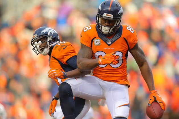 DENVER, CO - NOVEMBER 23:  Wide receiver Demaryius Thomas #88 and wide receiver Emmanuel Sanders #10 of the Denver Broncos celebrate a second quarter Thomas touchdown during a game against the Miami Dolphins at Sports Authority Field at Mile High on November 23, 2014 in Denver, Colorado.  (Photo by Justin Edmonds/Getty Images)