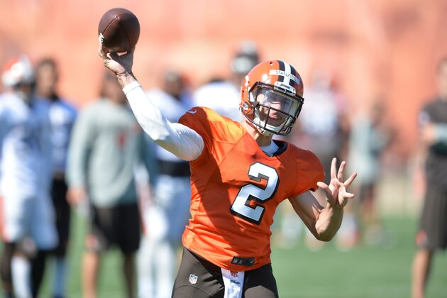 Cleveland Browns quarterback Johnny Manziel throws a pass during practice at NFL football training camp, Tuesday, Aug. 4, 2015, in Berea, Ohio. (AP Photo/David Richard) Cleveland Browns quarterback Johnny Manziel throws a pass during practice at NFL football training camp, Tuesday, Aug. 4, 2015, in Berea, Ohio. (AP Photo/David Richard)
