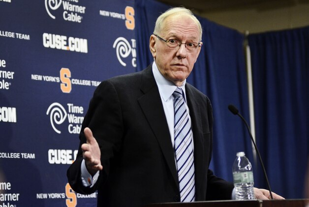 Syracuse coach Jim Boeheim speaks during a news conference Thursday, March 19, 2015, in Syracuse, N.Y. In an hour-long press conference on Thursday ahead of top teams starting in the NCAA Tournament, Boeheim said that 2018 is the