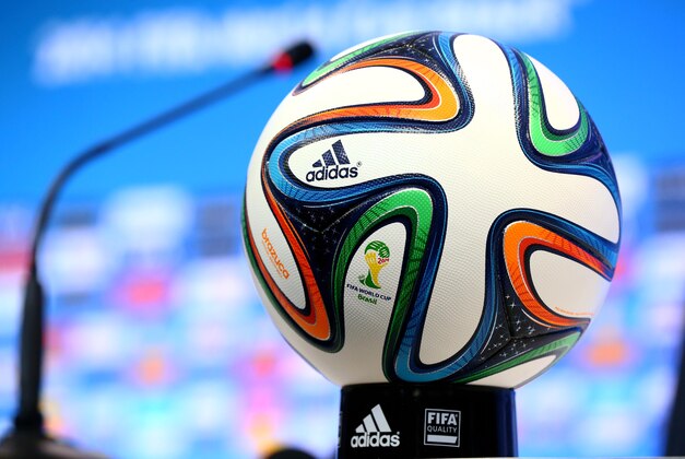 Jun 30, 2014; Salvador, BRAZIL; Detailed view of the FIFA World Cup logo on an official Adidas soccer ball prior to the USA press conference at Estadio Roberto Santos prior to tomorrows 2014 World Cup match against Belgium. Mandatory Credit: Mark J. Rebilas-USA TODAY Sports