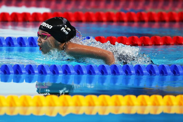 KAZAN, RUSSIA - AUGUST 07:  Ten year old Alzain Tareq of Barhain competes in the heats of the Women's 50m Butterfly during day fourteen of The 16th FINA World Swimming Championships at Kazan Arena on August 07, 2015 in Kazan, Russia (Photo by Ian MacNicol/Getty Images)