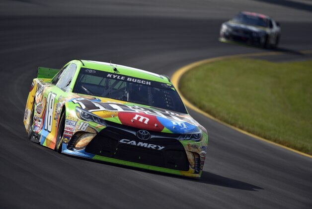 Kyle Busch in action during the NASCAR Pocono 400 auto race, Sunday, Aug. 2, 2015, in Long Pond, Pa. (AP Photo/Derik Hamilton)