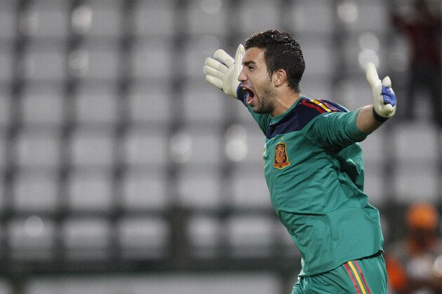 Spain's goalkeeper Fernando Pacheco celebrates at the end of the penalty shoot out of a U-20 World Cup round of 16 soccer match against South Korea in Manizales, Colombia, Wednesday, Aug. 10, 2011. After the match ended 0-0, Spain won 7-6 on penalties. (AP Photo/Dolores Ochoa)