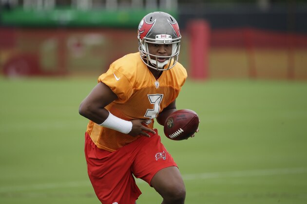 Tampa Bay Buccaneers quarterback Jameis Winston during a Buccaneers NFL football training camp Sunday, Aug. 2, 2015, in Tampa, Fla. (AP Photo/Chris O'Meara)