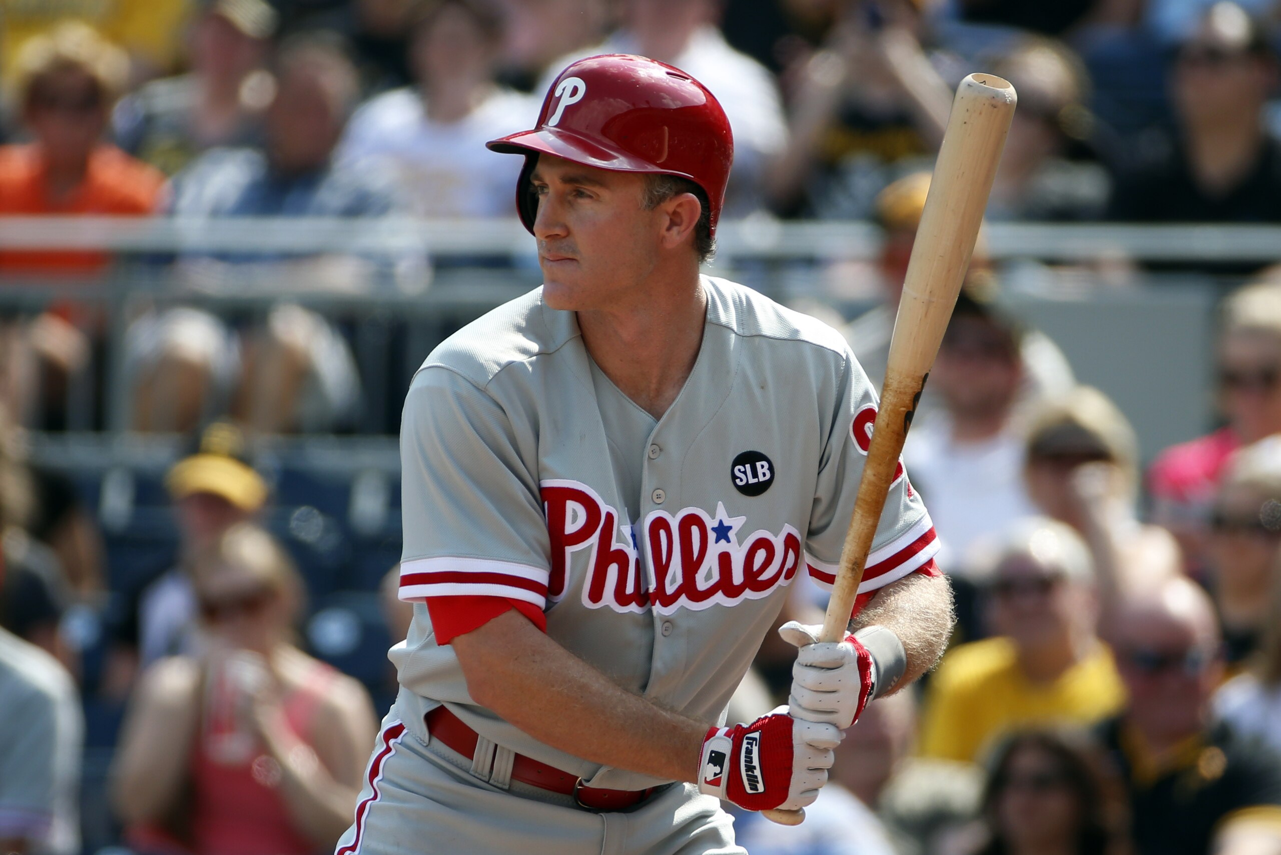 Philadelphia Phillies' Chase Utley bats during the first inning of a baseball game against the Pittsburgh Pirates in Pittsburgh, Saturday, June 13, 2015. (AP Photo/Gene J. Puskar)
