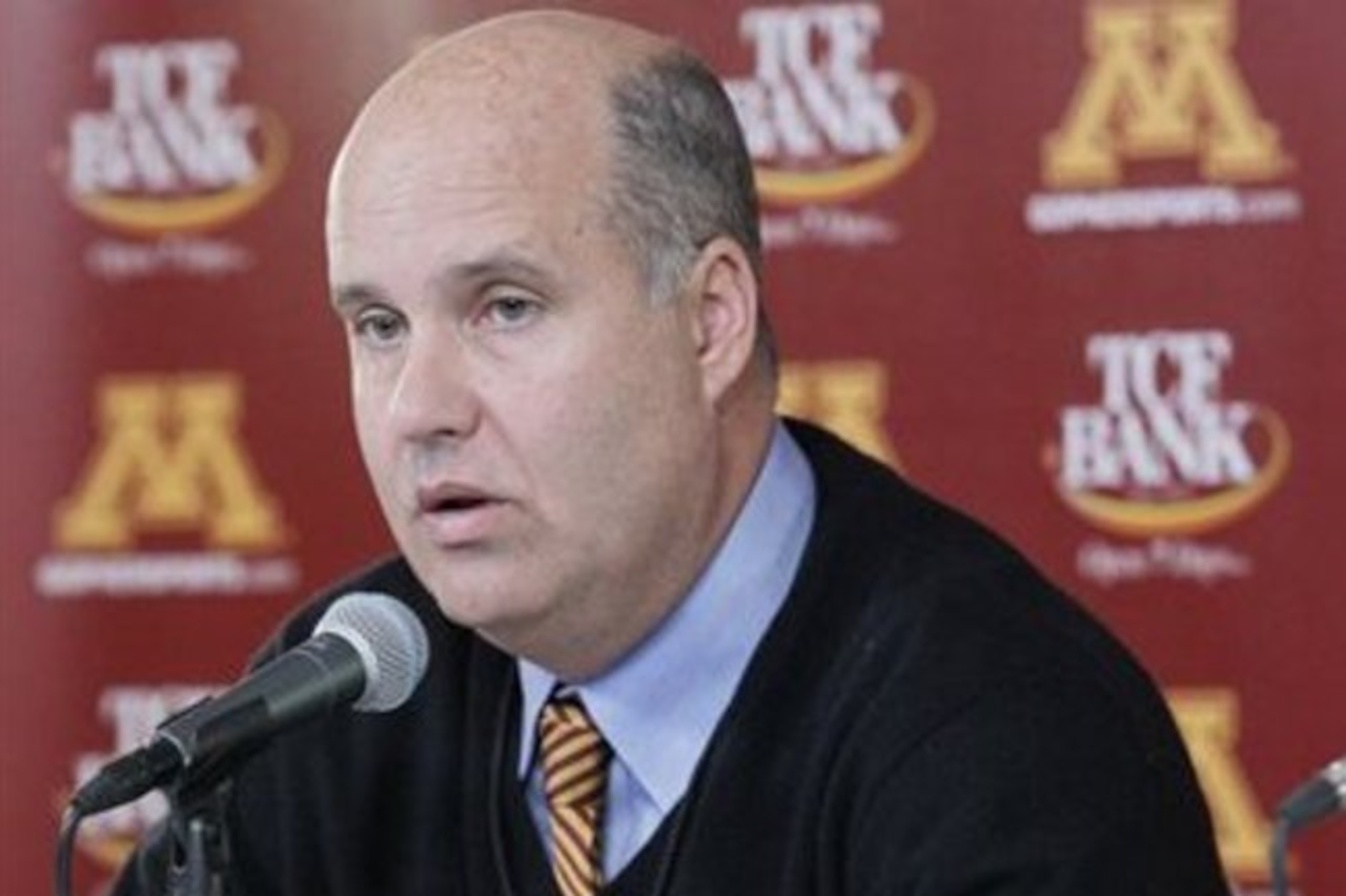 Minnesota athletic director Norwood Teague discusses football coach Jerry Kills condition after an NCAA college football game against Michigan State, Saturday, Nov. 24, 2012, in Minneapolis. Kill suffered a seizure at halftime, but was not hospitalized, according to the university. Michigan State won 26-10. (AP Photo/Paul Battaglia)