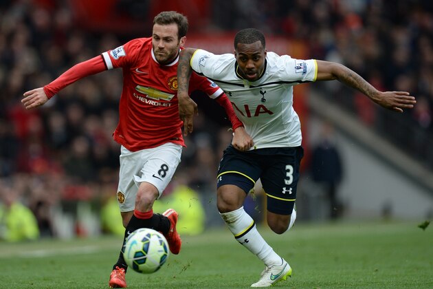 Manchester United's Spanish midfielder Juan Mata (L) vies with Tottenham Hotspur's English defender Danny Rose during the English Premier League football match between Manchester United and Tottenham Hotspur at Old Trafford in Manchester, north west England, on March 15, 2015. AFP PHOTO / OLI SCARFF

RESTRICTED TO EDITORIAL USE. NO USE WITH UNAUTHORIZED AUDIO, VIDEO, DATA, FIXTURE LISTS, CLUB/LEAGUE LOGOS OR LIVE SERVICES. ONLINE IN-MATCH USE LIMITED TO 45 IMAGES, NO VIDEO EMULATION. NO USE IN BETTING, GAMES OR SINGLE CLUB/LEAGUE/PLAYER PUBLICATIONS.        (Photo credit should read OLI SCARFF/AFP/Getty Images)