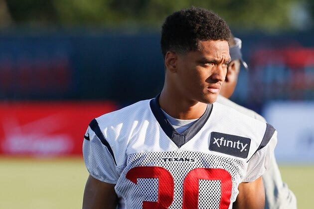 Houston Texans cornerback Kevin Johnson (30) during an NFL football training camp at the Methodist Training Center on Saturday August 1, 2015 in Houston, Texas. (AP Photo/Bob Levey)