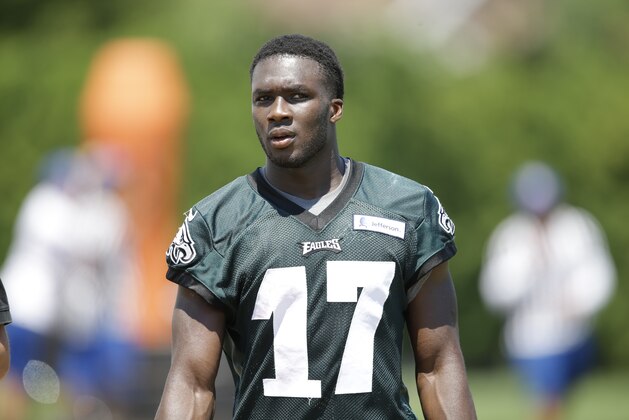 Philadelphia Eagles' Nelson Agholor walks off the field after practice at NFL football training camp, Monday, Aug. 3, 2015, in Philadelphia. (AP Photo/Matt Rourke)