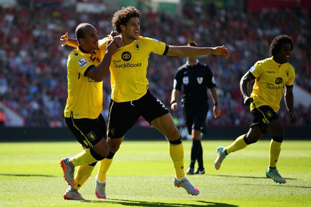 BOURNEMOUTH, ENGLAND - AUGUST 08:  Rudy Gestede (C) of Aston Villa celebrates scoring his team's first goal with his team mates Gabriel Agbonlahor (L) and Carlos Sanchez (R) during the Barclays Premier League match between A.F.C. Bournemouth and Aston Villa at Vitality Stadium on August 8, 2015 in Bournemouth, England.  (Photo by Ian Walton/Getty Images)