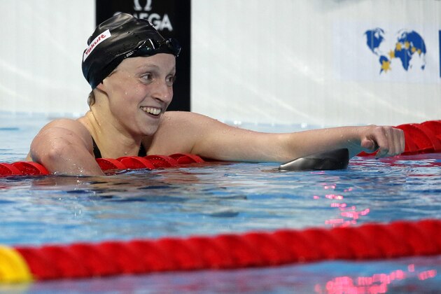 United States' Katie Ledecky smiles after winning the women's 200m freestyle final at the Swimming World Championships in Kazan, Russia, Wednesday, Aug. 5, 2015. (AP Photo/Michael Sohn)