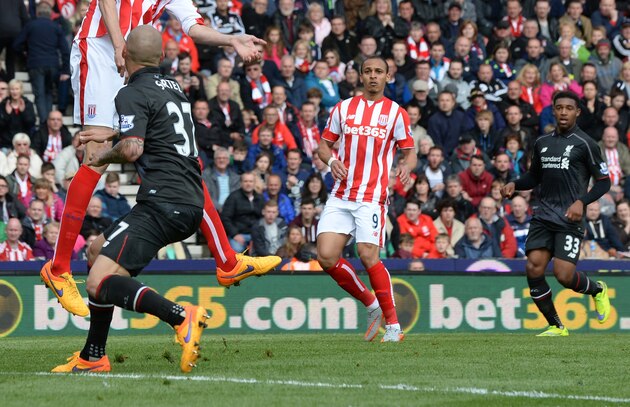 STOKE ON TRENT, ENGLAND - MAY 24:  Peter Crouch of Stoke City scores his team's sixth goal during the Barclays Premier League match between Stoke City and Liverpool at Britannia Stadium on May 24, 2015 in Stoke on Trent, England.  (Photo by Tony Marshall/Getty Images)