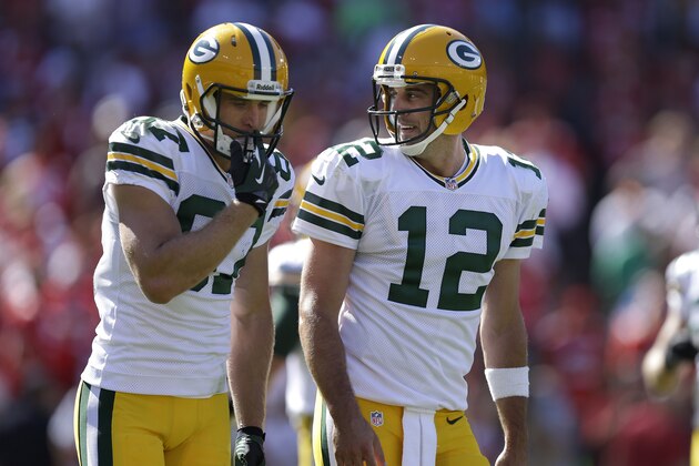 Green Bay Packers wide receiver Jordy Nelson (87) is seen walking the field with quarterback Aaron Rodgers (12) while playing against the San Francisco 49ers during the second half of an NFL football game in San Francisco, Sunday, Sept. 8, 2013. (AP Photo/Ben Margot)