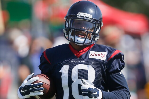 Houston Texans wide receiver Cecil Shorts (18) during an NFL football training camp at the Methodist Training Center on Sunday August 2, 2015 in Houston. (AP Photo/Bob Levey)