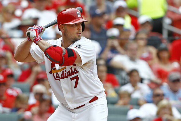 St. Louis Cardinals' Matt Holliday at bat during a baseball game against the Atlanta Braves, Sunday, July 26, 2015, in St. Louis. (AP Photo/Billy Hurst)