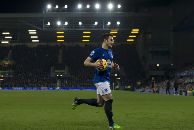 Everton's Leighton Baines runs to take a corner during the English Premier League soccer match between Everton and West Bromwich Albion at Goodison Park Stadium, Liverpool, England, Monday Jan. 19, 2015. (AP Photo/Jon Super)
